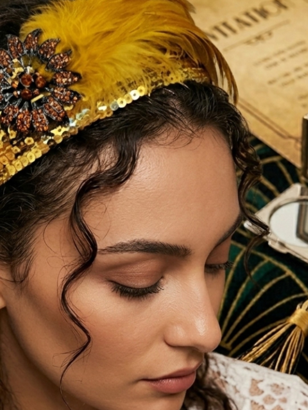 Luxe Gold Sequin & Feather Statement Headband In Mustard Hand Made Gatsby-esque